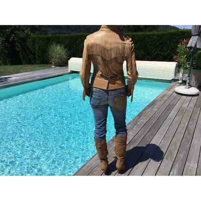 Pre-owned Pinko Leather Biker Jacket In Camel