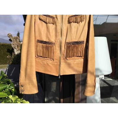 Pre-owned Pinko Leather Biker Jacket In Camel