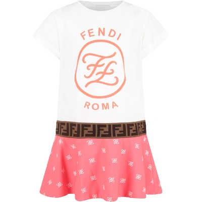 Shop Fendi White And Fuchsia Dress With Logo For Girl