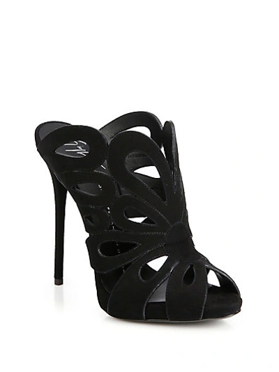 Shop Giuseppe Zanotti Floral-cutout Suede Mule Sandals In Black