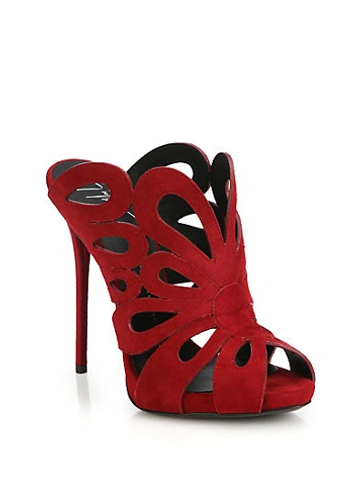 Shop Giuseppe Zanotti Floral-cutout Suede Mule Sandals In Red