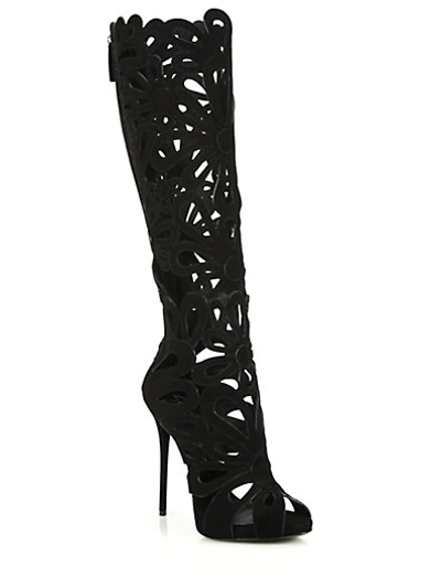 Shop Giuseppe Zanotti Knee-high Floral-cutout Suede Sandals In Black