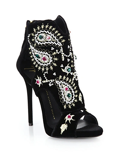 Giuseppe Zanotti Pearl & Gem-embellished Embroidered Velvet Sandals In Black