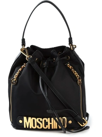 Moschino Lettering Leather And Nylon Bucket Bag In Black