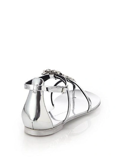 Shop Giuseppe Zanotti Crystal Leaf Metallic Leather Sandals In Silver