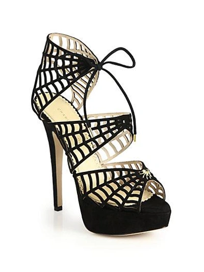 Shop Charlotte Olympia Suede Spider Web Sandals In Black