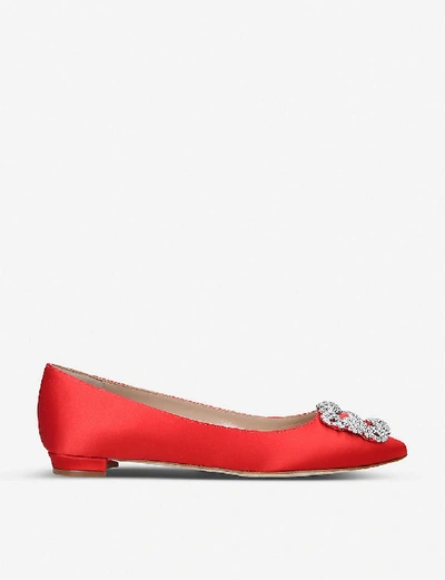Shop Manolo Blahnik Womens Red Hangisi Crystal-embellished Satin Flats 5