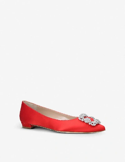 Shop Manolo Blahnik Womens Red Hangisi Crystal-embellished Satin Flats 5