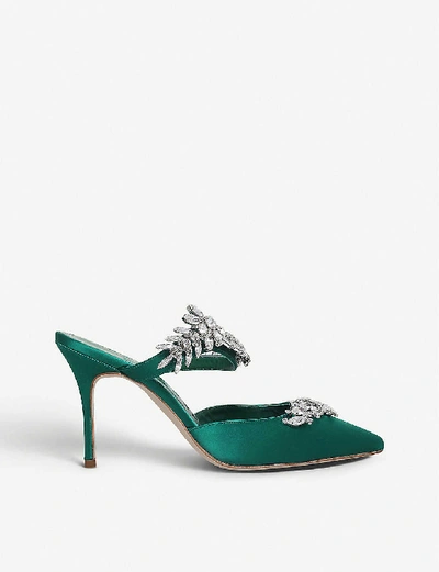 Shop Manolo Blahnik Womens Mid Green Lurum Crystal-embellished Satin Mules