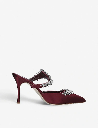 Shop Manolo Blahnik Lurum 90 Crystal-embellished Satin Mules In Wine