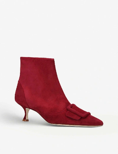 Shop Manolo Blahnik Baylow Suede Heeled Ankle Boots In Wine