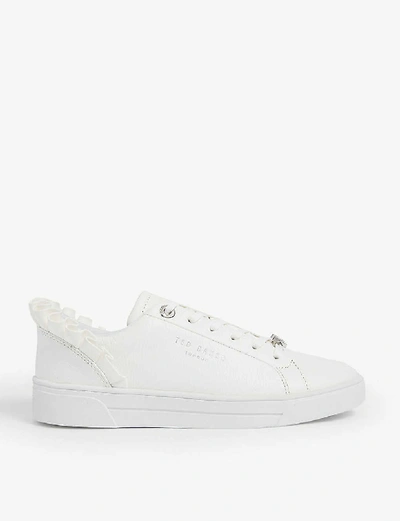 Shop Ted Baker Womens White Astrina Frilled Leather Tennis Trainers 6