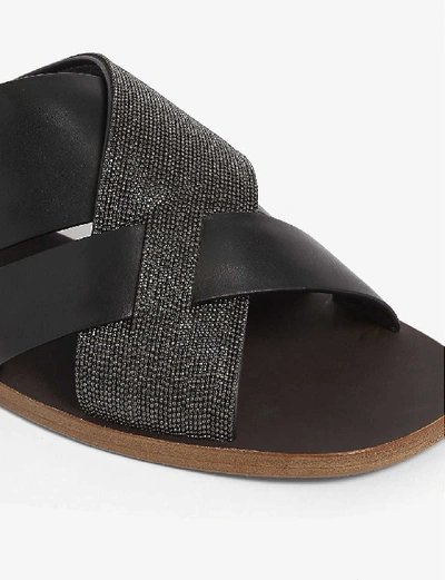 Shop Brunello Cucinelli Leather Beaded Sandals In Black+ultrablack+monile