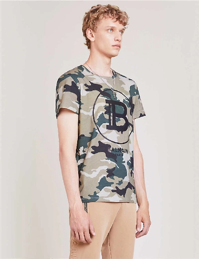 Shop Balmain Camouflage-print Logo-print Cotton T-shirt In Kaki