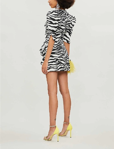 Shop Attico Puffed-sleeve Zebra-print Crepe Mini Dress In Zebra+print