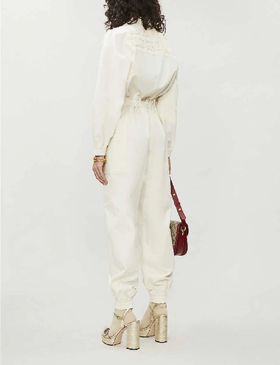Shop Gucci Embroidered Stripe-trim Cotton Jumpsuit In Ivory+multicolor