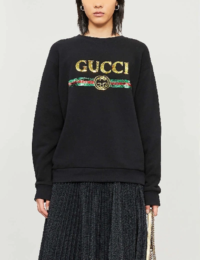 Shop Gucci Logo Tiger-embroidered Cotton-jersey Sweatshirt In Black+yellow