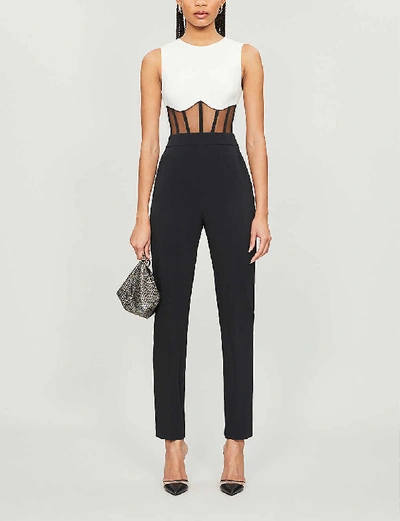 Shop David Koma Contrasting Sheer-panel Crepe Jumpsuit In Black+white