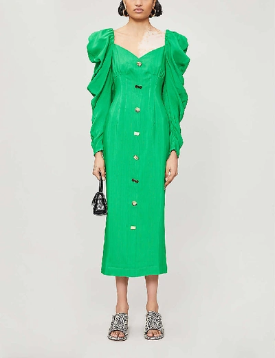 Shop Rejina Pyo Betty Puffed-sleeve Woven Midi Dress In Green