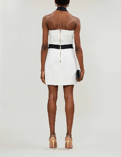 Shop Balmain Chain-embellished Halter Neck Metallic-bouclé Mini Dress In White+black