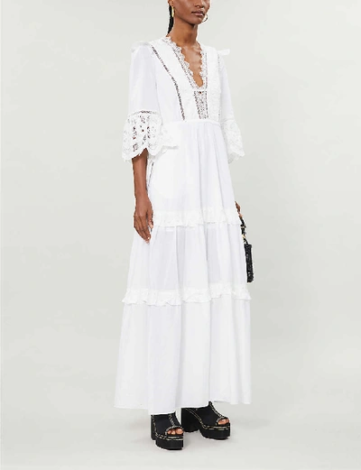 Shop Self-portrait Viole Lace-trim Cotton-poplin Maxi Dress In White