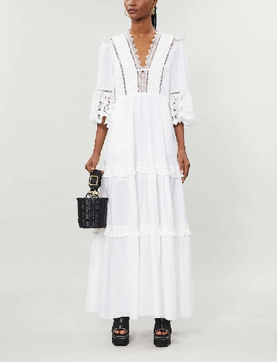 Shop Self-portrait Viole Lace-trim Cotton-poplin Maxi Dress In White