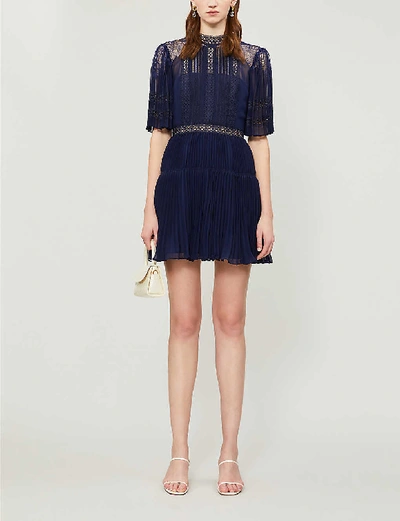 Shop Self-portrait Fit-and-flare Semi-sheer Chiffon And Lace Mini Dress In Navy