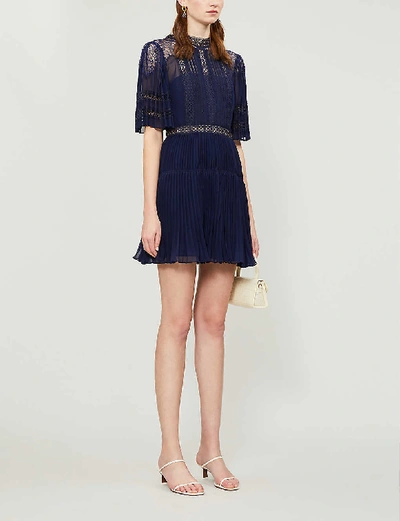 Shop Self-portrait Fit-and-flare Semi-sheer Chiffon And Lace Mini Dress In Navy