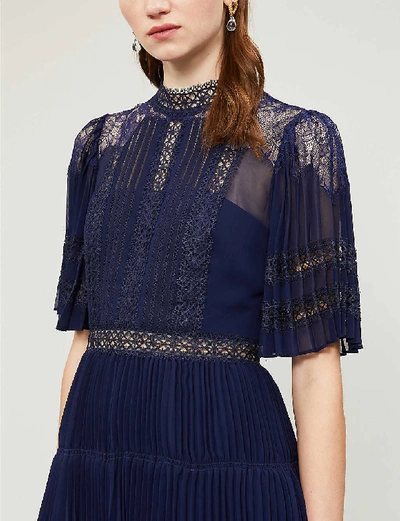 Shop Self-portrait Fit-and-flare Semi-sheer Chiffon And Lace Mini Dress In Navy