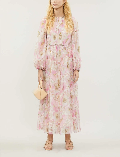 Shop Zimmermann Super Eight Floral-print Silk-crepe Midi Dress In Pink+poppy