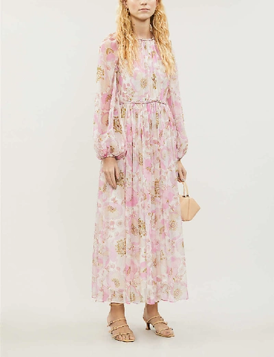 Shop Zimmermann Super Eight Floral-print Silk-crepe Midi Dress In Pink+poppy