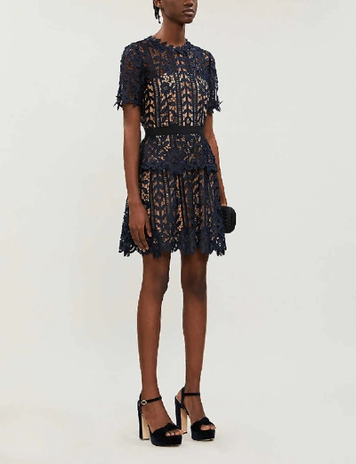 Shop Self-portrait Tiered Floral-lace Mini Dress In Navy+nude