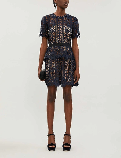 Shop Self-portrait Tiered Floral-lace Mini Dress In Navy+nude
