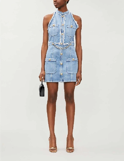 Shop Balmain Chain-embellished Halter Neck Denim Mini Dress In Blue Denim