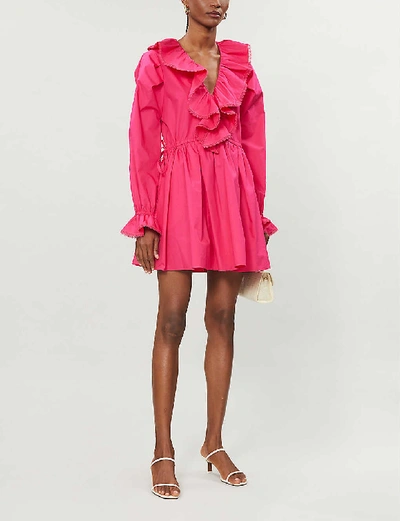 Shop Self-portrait Ruffled Cotton-poplin Mini Dress In Fuchsia