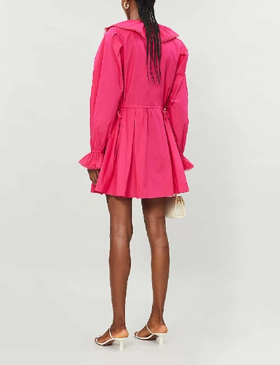 Shop Self-portrait Ruffled Cotton-poplin Mini Dress In Fuchsia