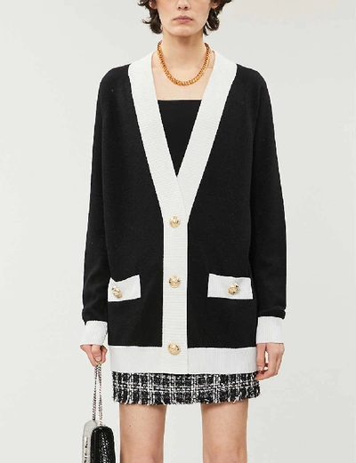 Shop Balmain Logo-intarsia Buttoned Wool-blend Cardigan In Black+white