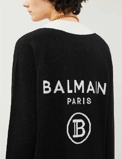 Shop Balmain Logo-intarsia Buttoned Wool-blend Cardigan In Black+white