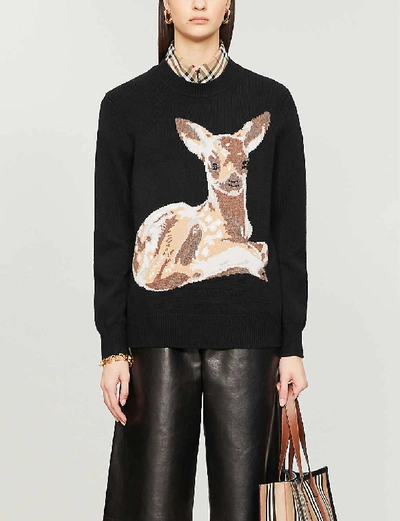 Shop Burberry Courtney Deer-intarsia Wool Jumper In Black