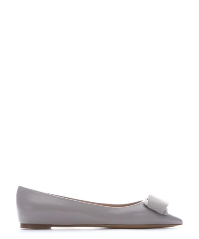 Ferragamo Nuage Lambskin 'mimi' Bow Detail Pointed Toe Ballerina Flats In Nuage (grey)