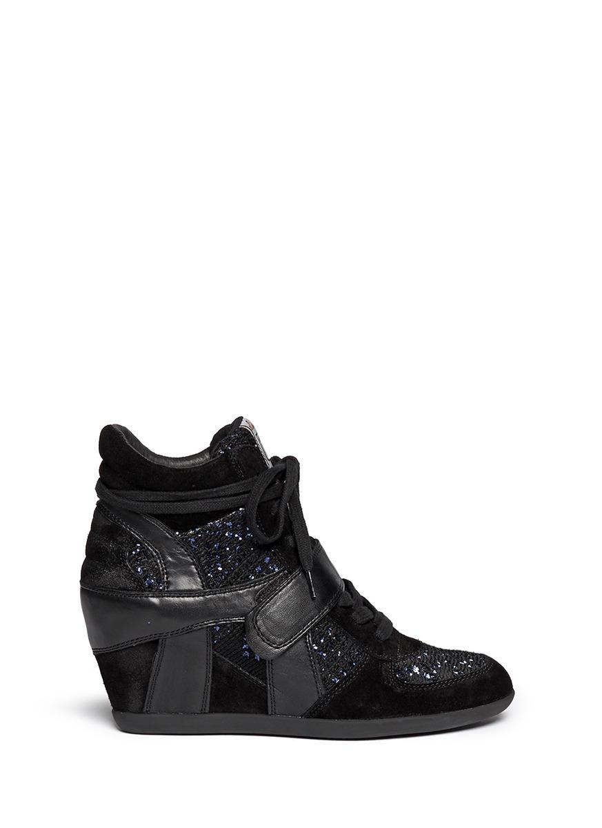 black sequin wedge sneakers