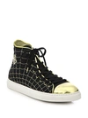 CHARLOTTE OLYMPIA Metallic Web-Embroidered Leather & Canvas Trainers