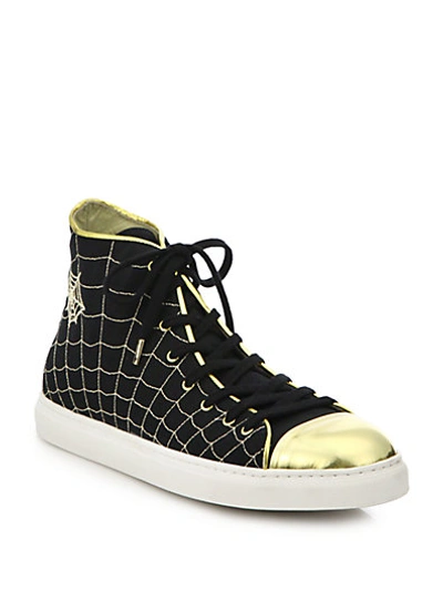 Shop Charlotte Olympia Metallic Web-embroidered Leather & Canvas Sneakers In Black-gold
