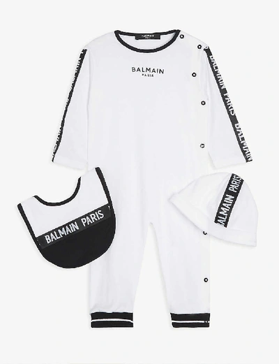 Shop Balmain Logo Tape Cotton Playsuit Hat And Bib Set 3 - 18 Months In White / Black