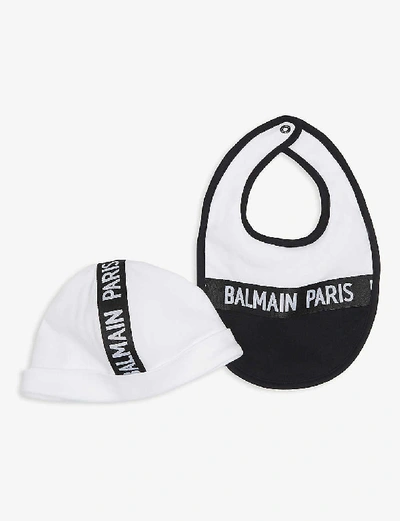 Shop Balmain Logo Tape Cotton Playsuit Hat And Bib Set 3 - 18 Months In White / Black