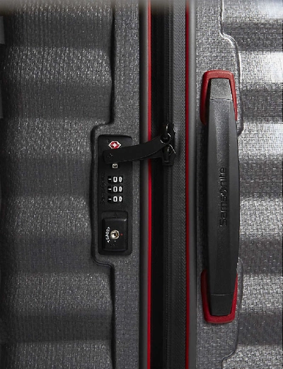 Shop Samsonite Lite-shock Sport Hardshell Spinner Suitcase 75cm In Eclipse Grey/red