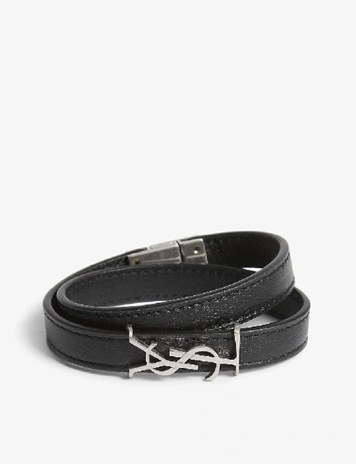Shop Saint Laurent Logo Leather Wrap Bracelet In Black Silver