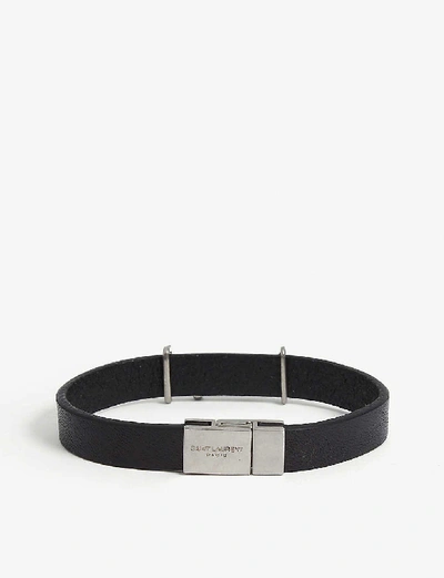 Shop Saint Laurent Logo-plaque Leather Bracelet In Black Silver