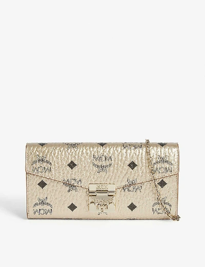 Shop Mcm Patricia Metallic Leather Wallet On Chain In Berlin Gold