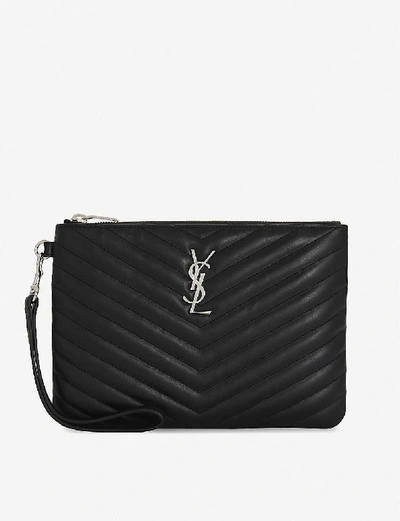 Shop Saint Laurent Monogram Quilted-leather Pouch In Black